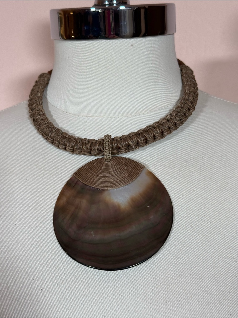 Vintage MOP Shell oversized leather minimalist Art deco Boho Necklace HUGE - Picture 5 of 15